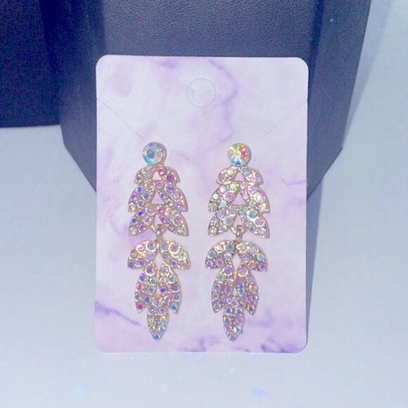 Iridescent Rhinestone Gold Leaf Post Drop Earrings - Picture 4 of 6